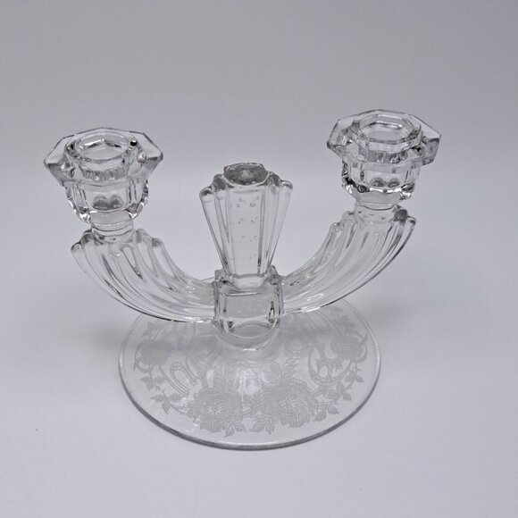 Tiffin Franciscan Etch Clear Glass Etched Double Light Candlestick Holder - Picture 3 of 5